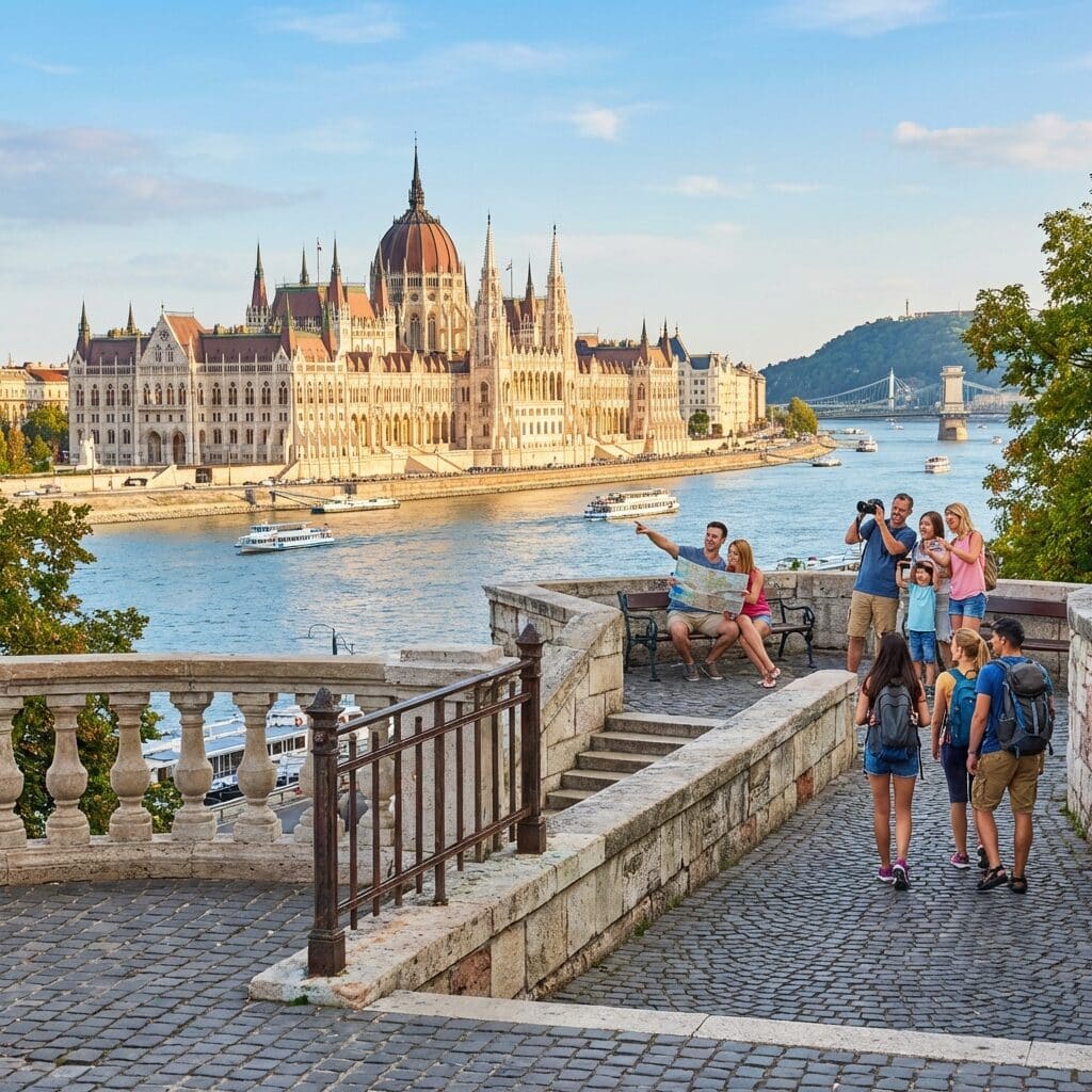 Tourists Viewing the Hungarian Parliament Building