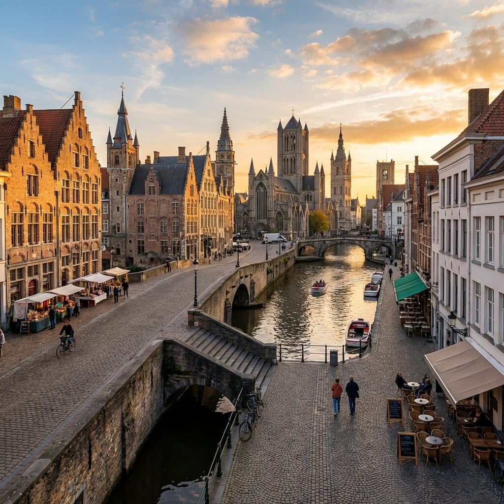 Ghent Canals and Churches at Sunset