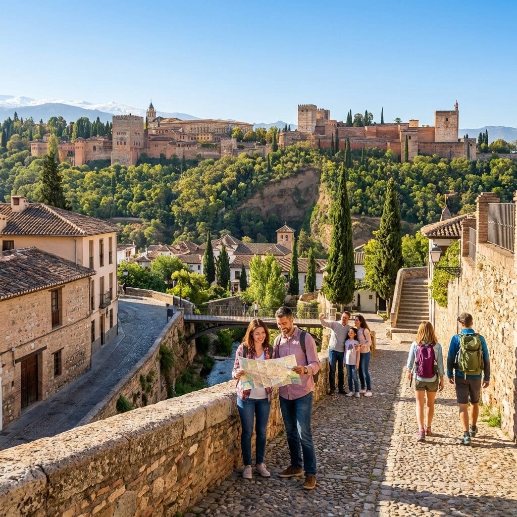 Tourists Viewing The Alhambra In Granada