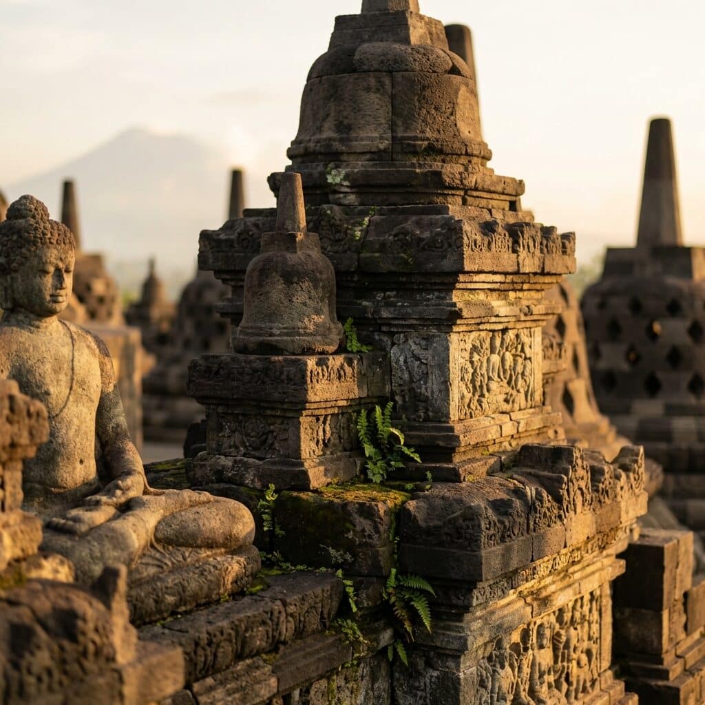 Stone Buddha and Stupas at Borobudur Temple