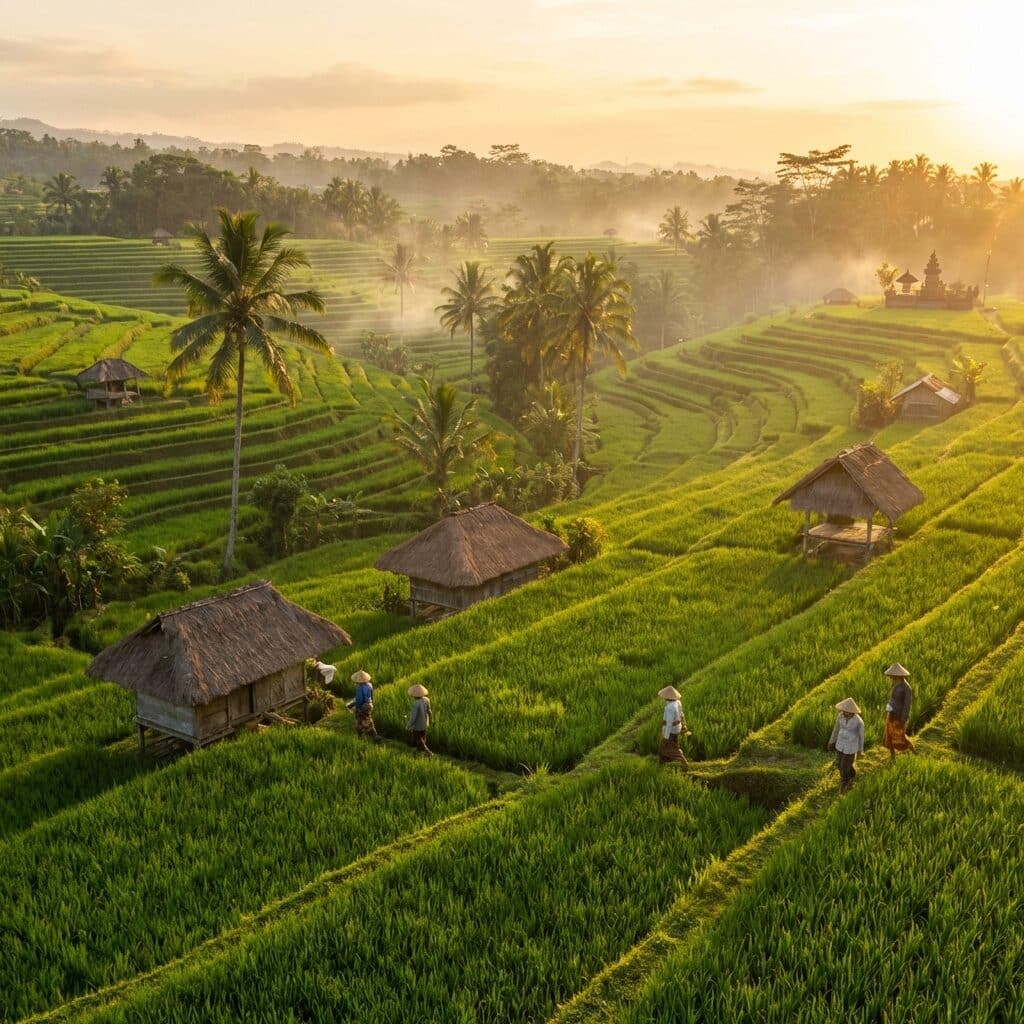 Sunrise Over Terraced Rice Paddies in Indonesia