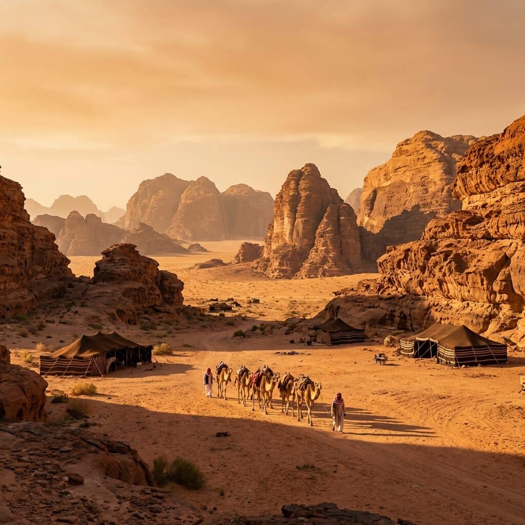 Camel Caravan in the Wadi Rum Desert, Jordan