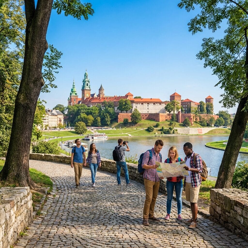 Tourists with Map Overlooking Wawel Castle in Krakow
