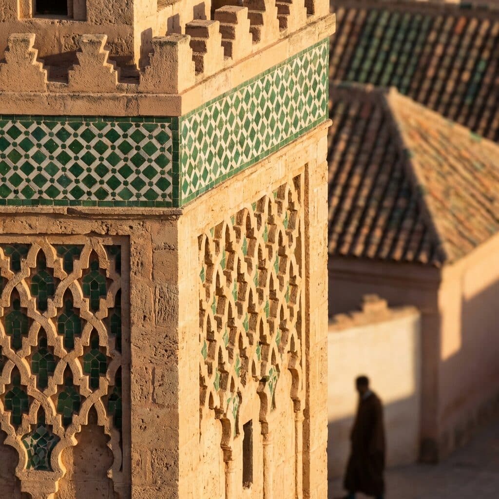 Detail of a Moroccan Minaret with Green Tiles