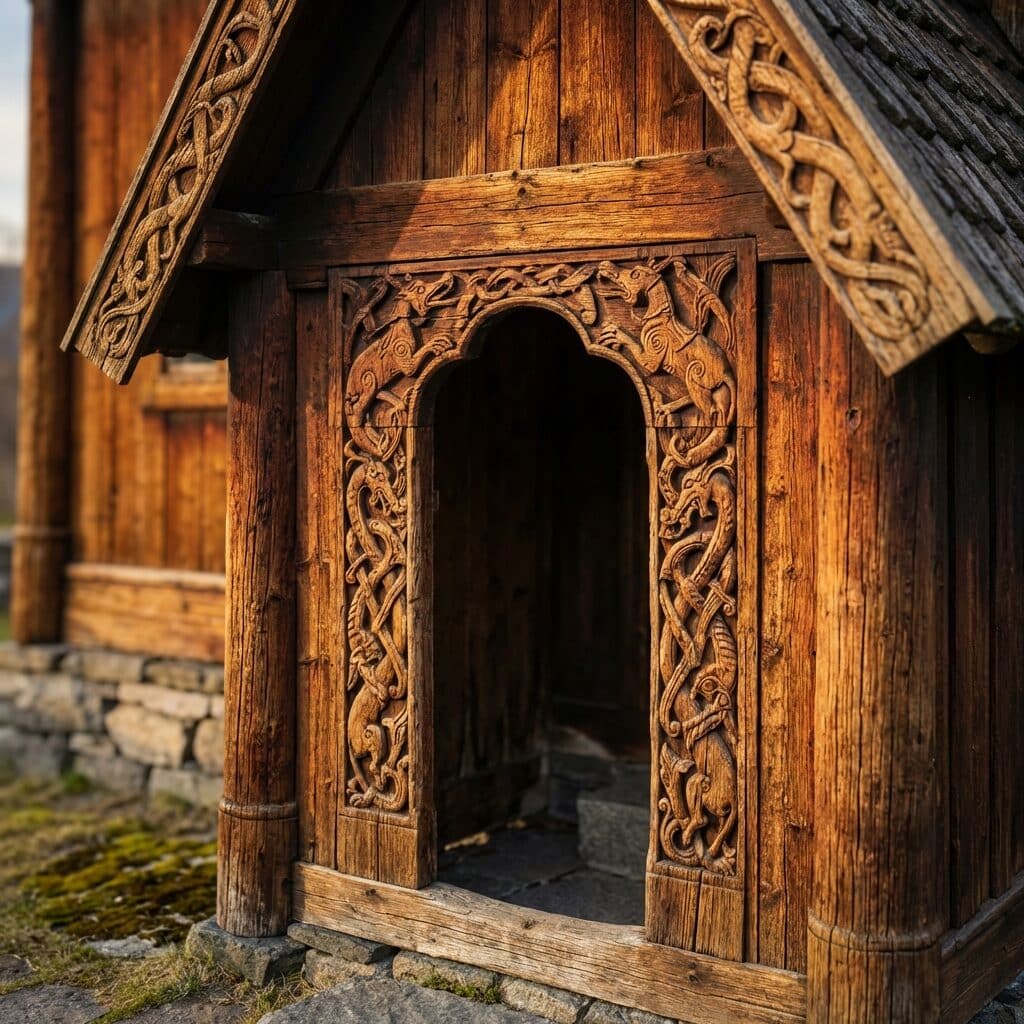 Intricate Wood Carvings on a Norwegian Stave Church