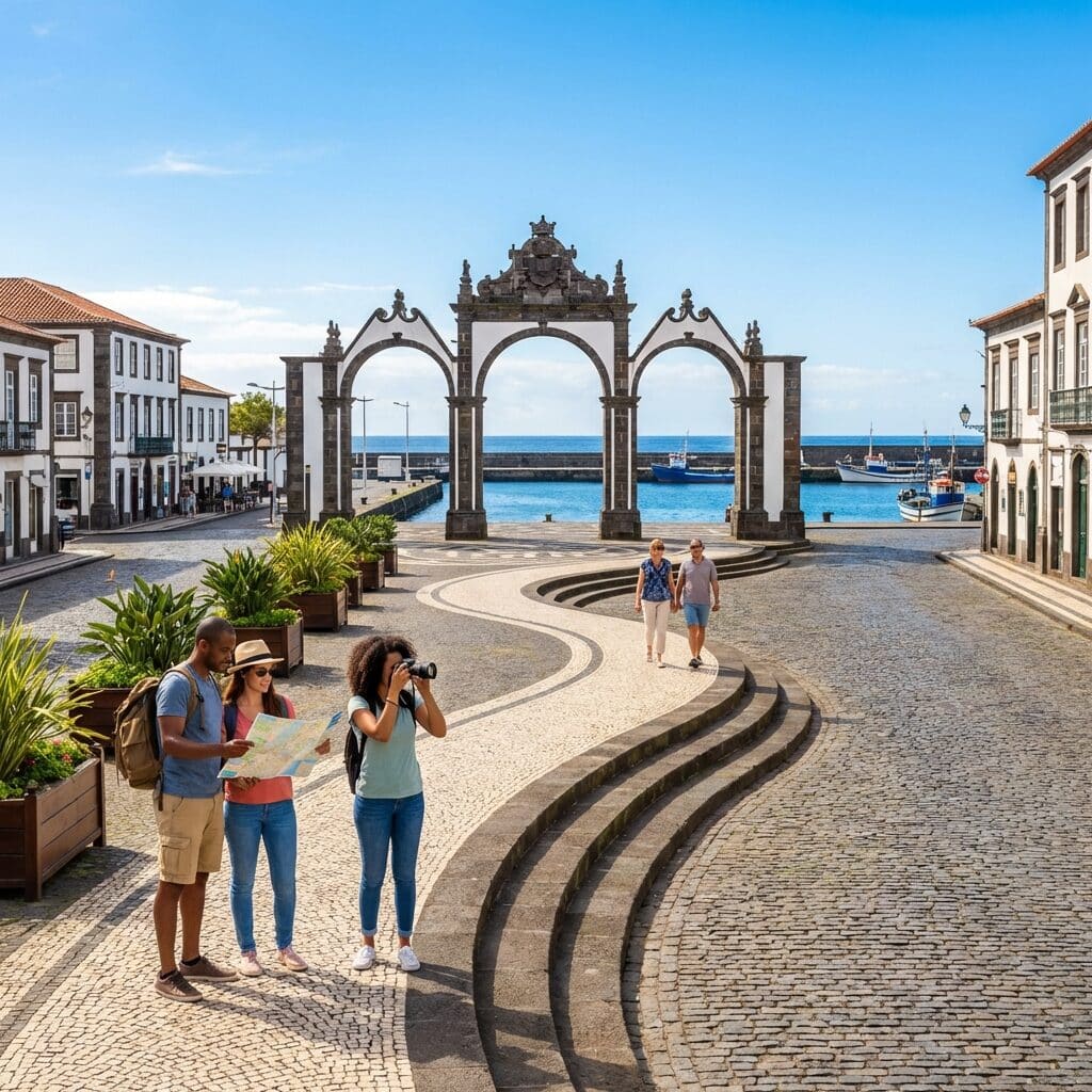Tourists at the Portas da Cidade in Ponta Delgada