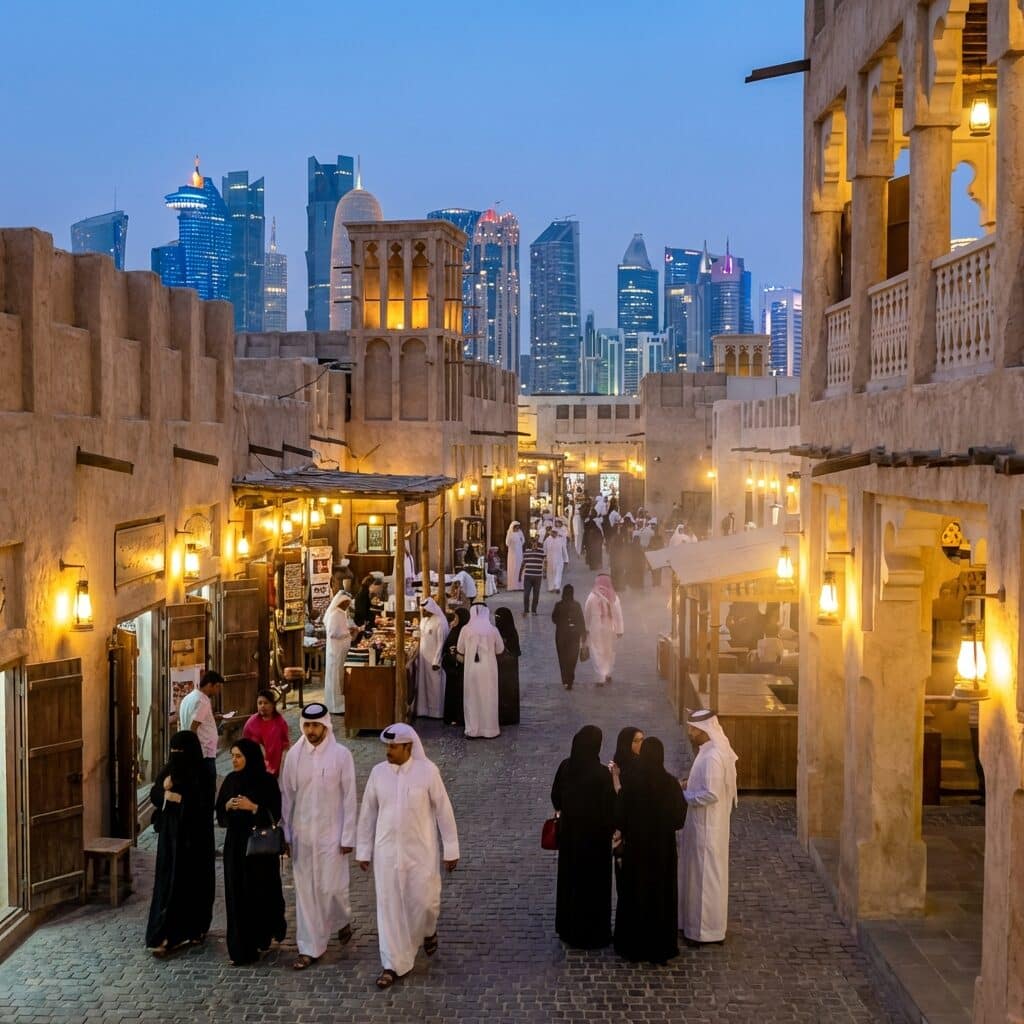 Souq Waqif Market with Doha Skyline at Dusk