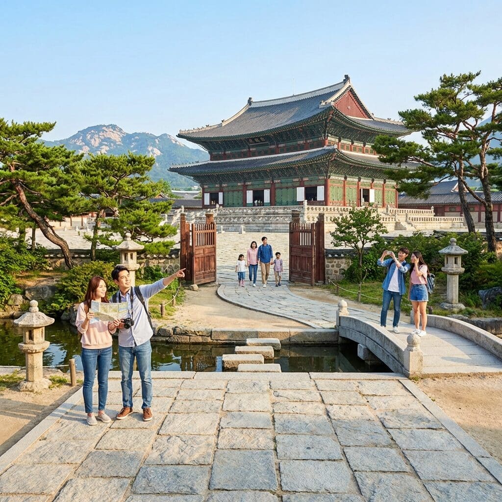 Tourists at Gyeongbokgung Palace in Seoul