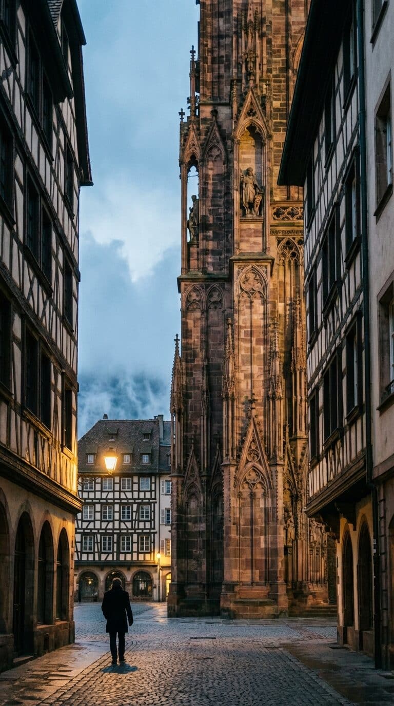Strasbourg Cathedral and Cobblestone Street at Dusk