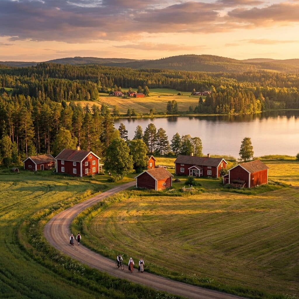 Rural Swedish Village by a Lake