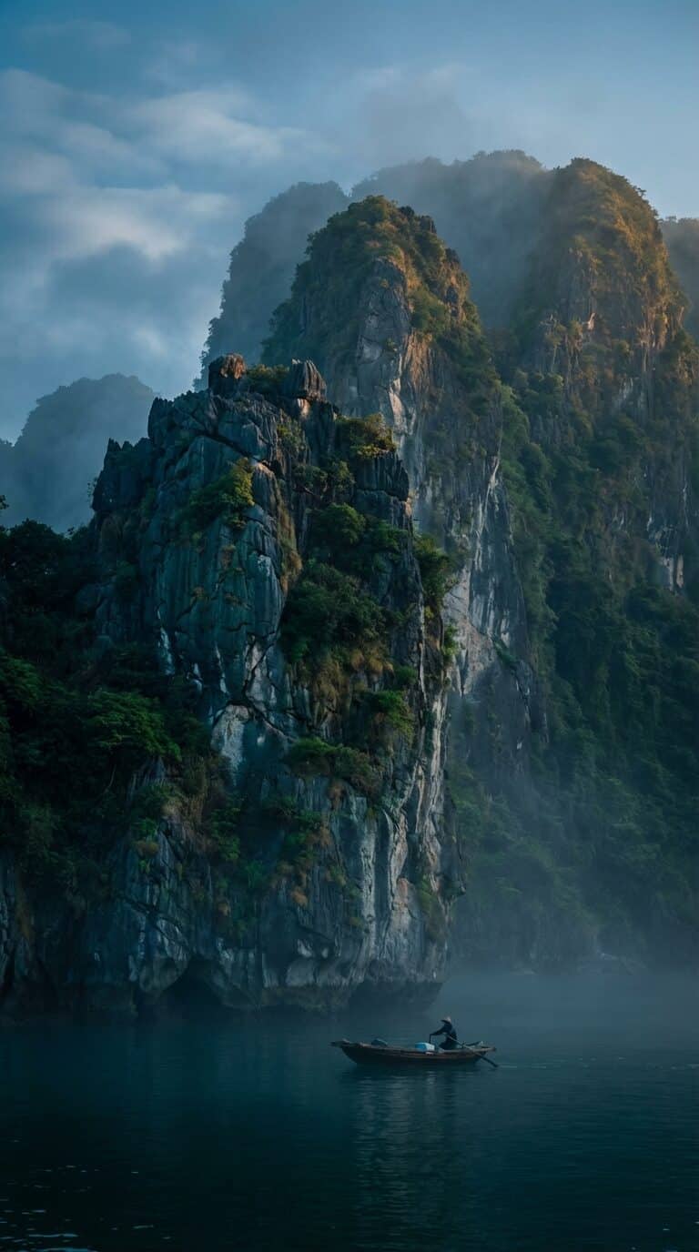 Lone Boat Among Misty Karsts in Vietnam