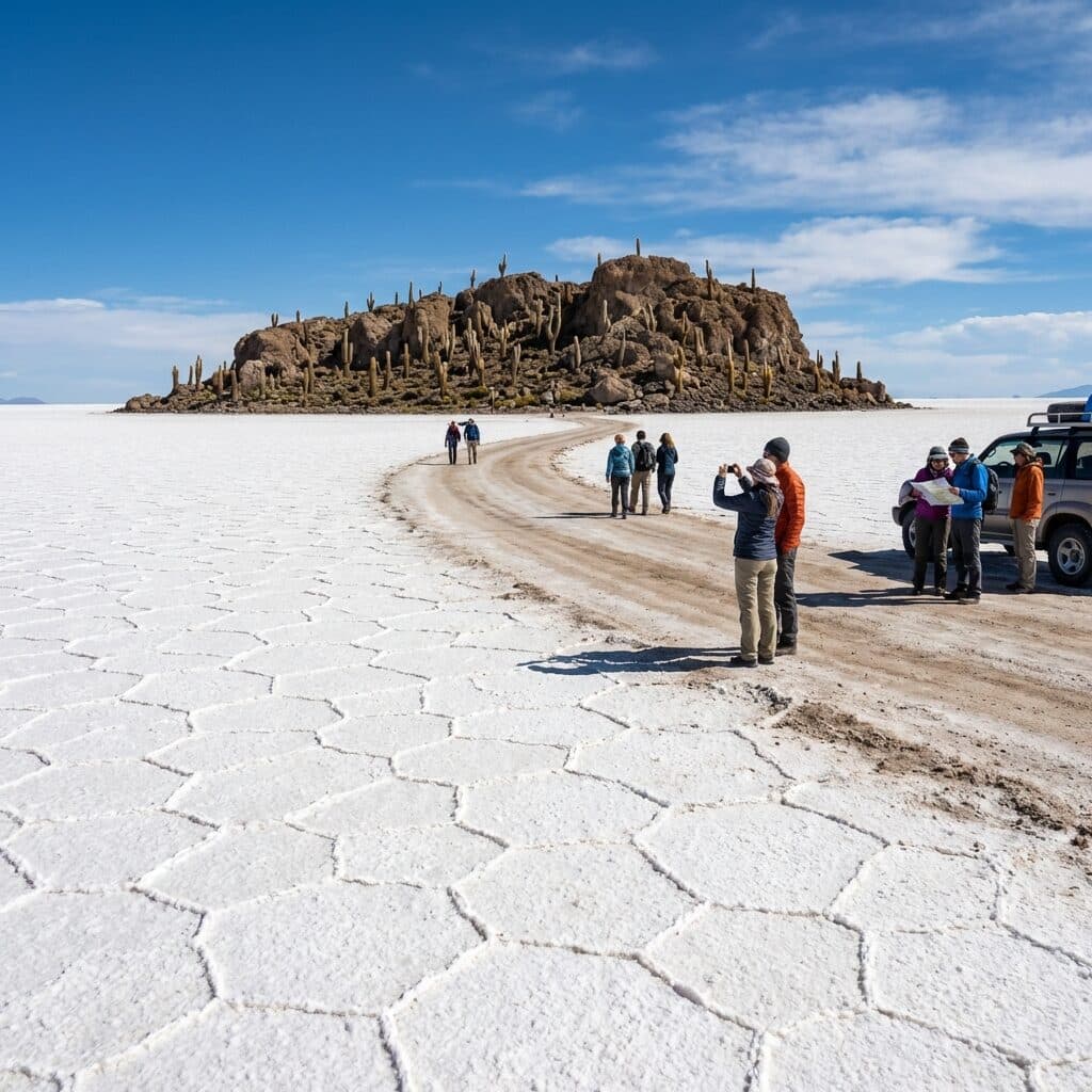 Tourists at Isla Incahuasi in the Salar de Uyuni