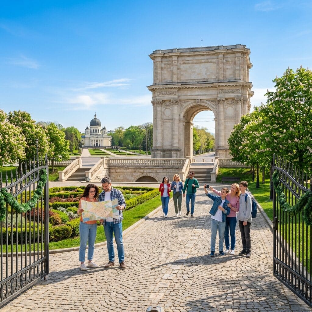 Tourists Sightseeing at the Triumphal Arch in Chisinau