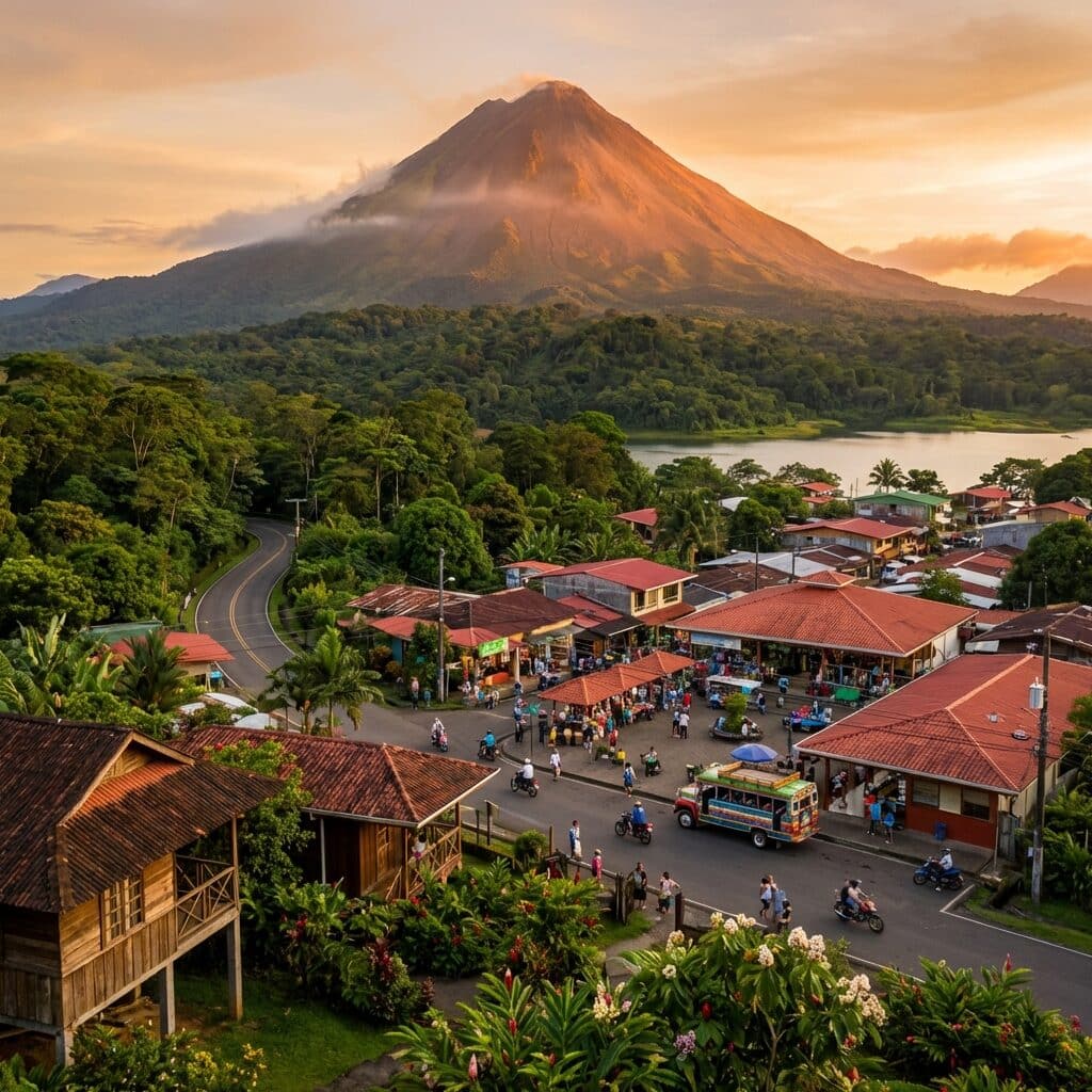 Arenal Volcano Overlooking a Lakeside Town