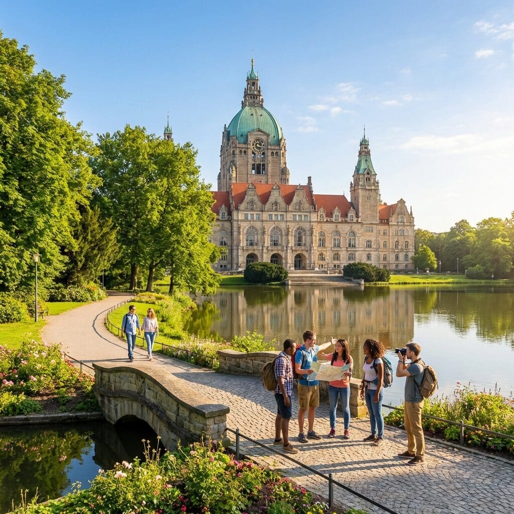 Tourists at the New Town Hall in Hannover