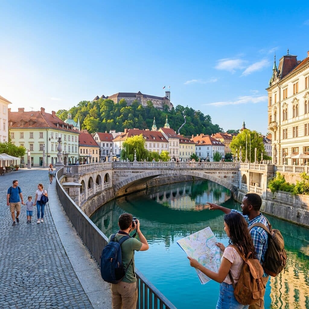 View of Ljubljana Castle and the Triple Bridge