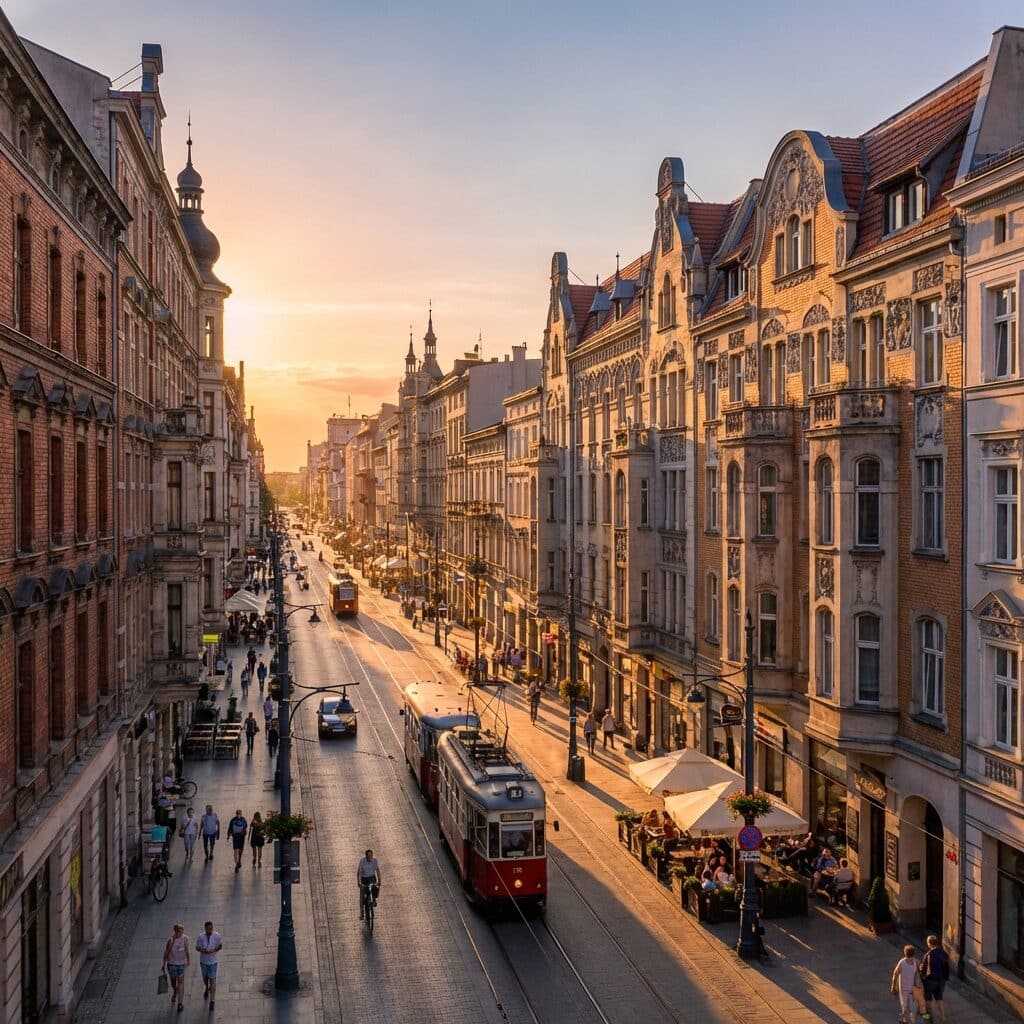 Piotrkowska Street in Lodz at Sunset
