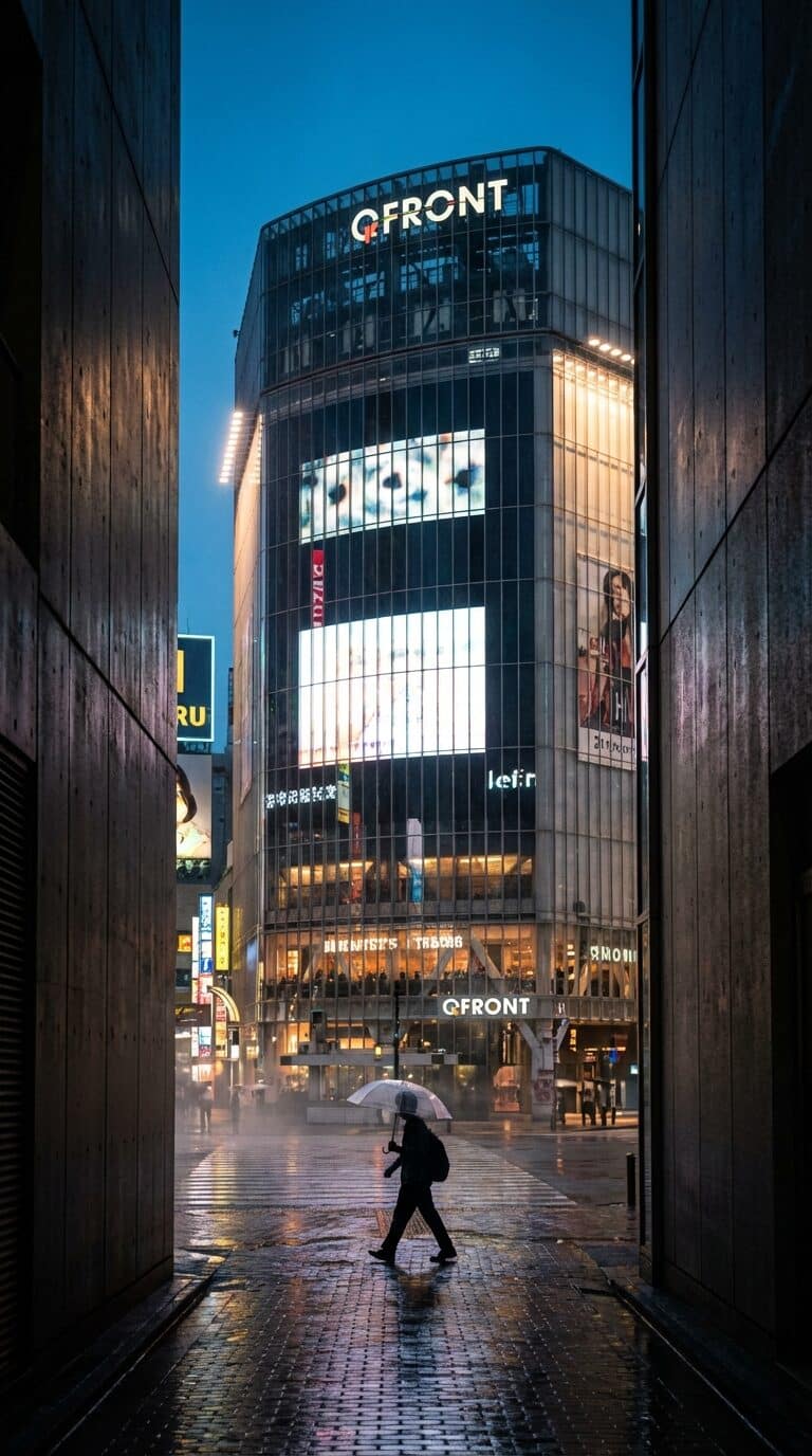 Qfront Building in Shibuya on a Rainy Night
