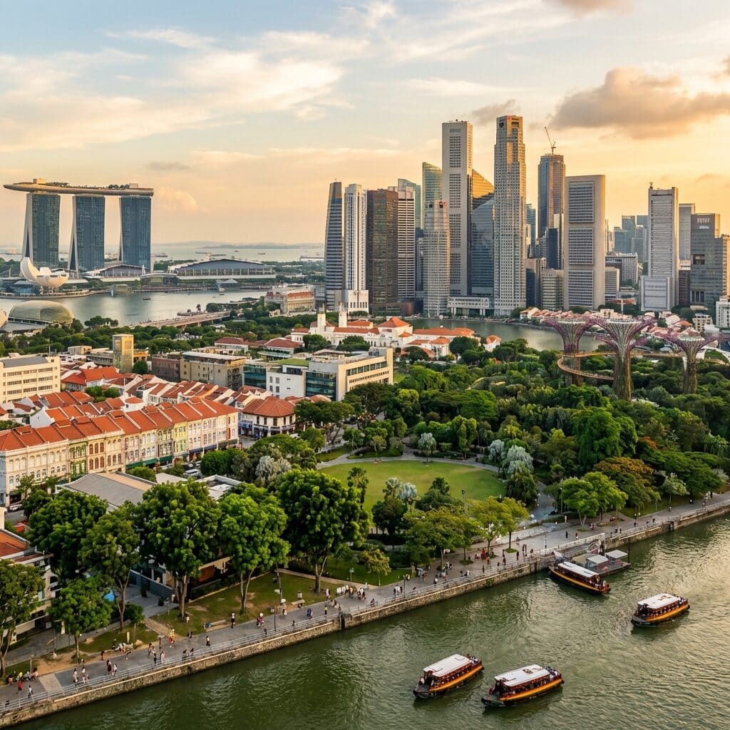 Singapore Skyline and River at Sunset