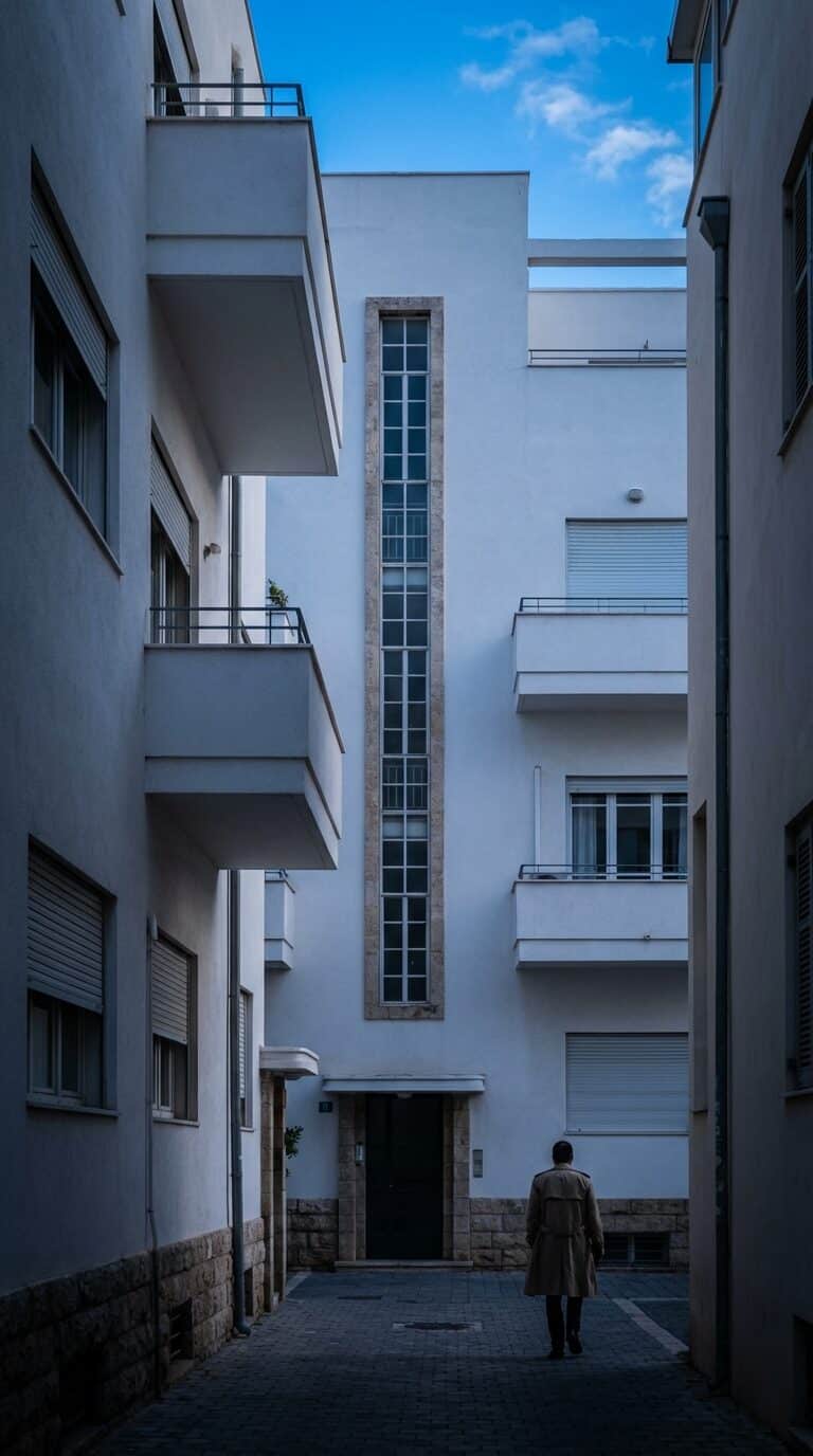 Man Walking In A Bauhaus Alley In Tel Aviv