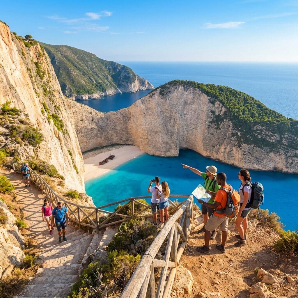 Hikers Overlooking Navagio Beach in Zakynthos