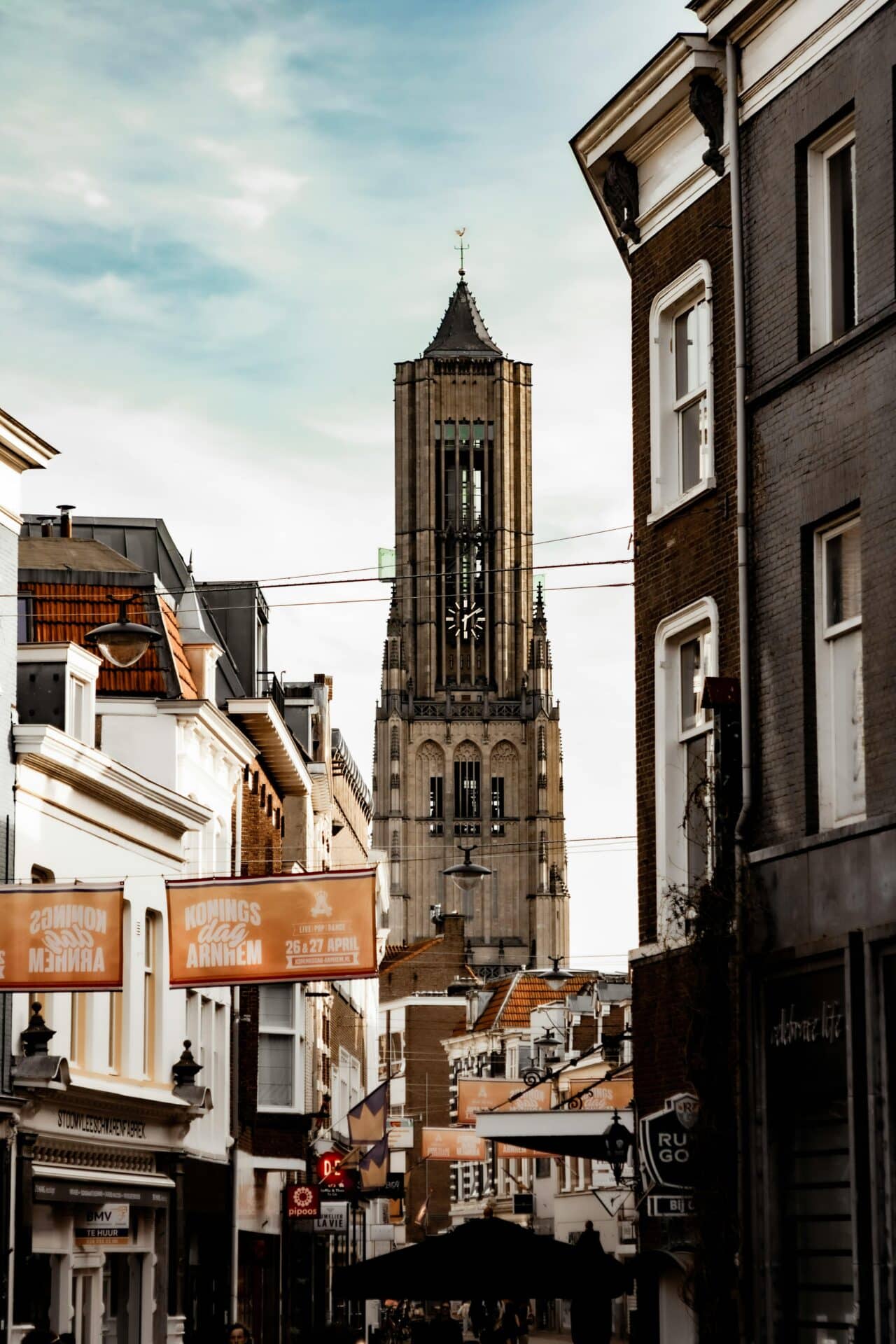 Eusebiuskerk Tower Seen from a City Street in Arnhem