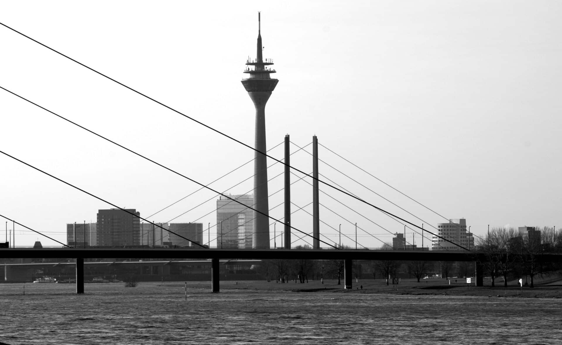 Rheinturm and Rheinkniebrücke Bridge in Düsseldorf