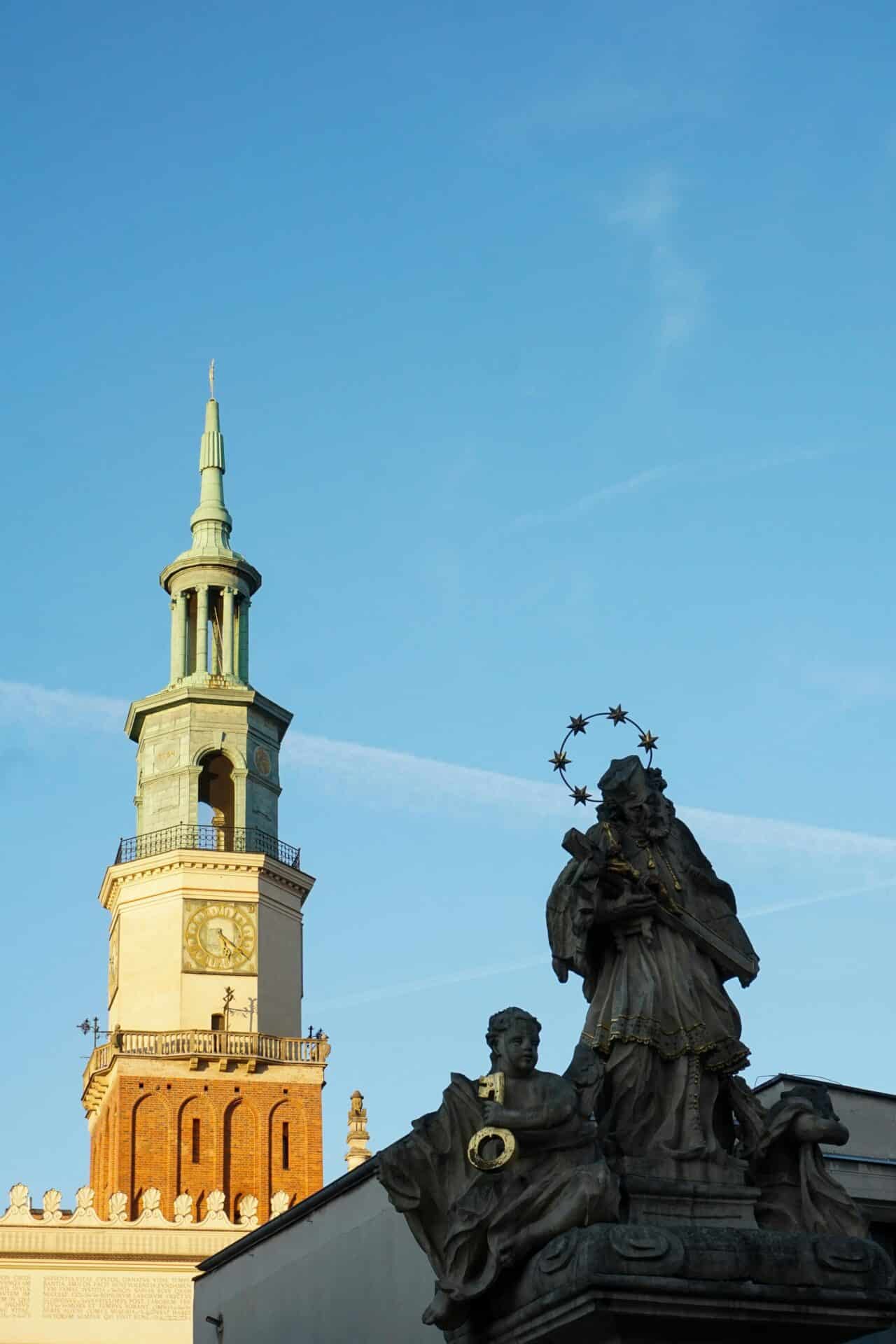 Poznań Town Hall and St. John of Nepomuk Statue